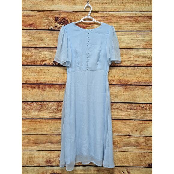 TCEC womens Sz small blue midi a line dress short sleeve ruffle sheer EUC - Picture 1 of 9